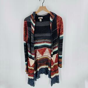 Mudd Womens M Southwest Boho Striped Open Front Hooded Cardigan Sweater Knit
